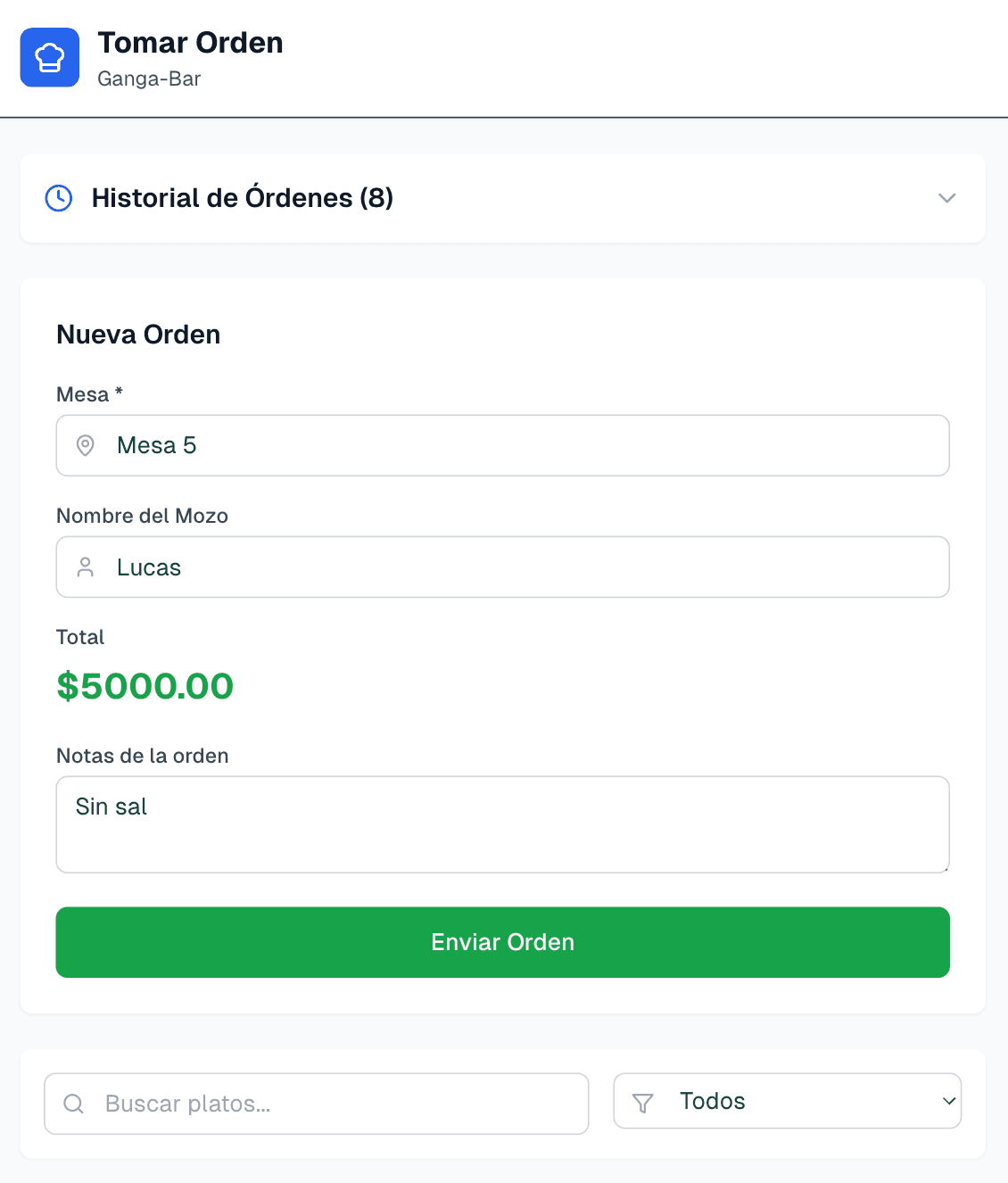 Sistema para Mozos